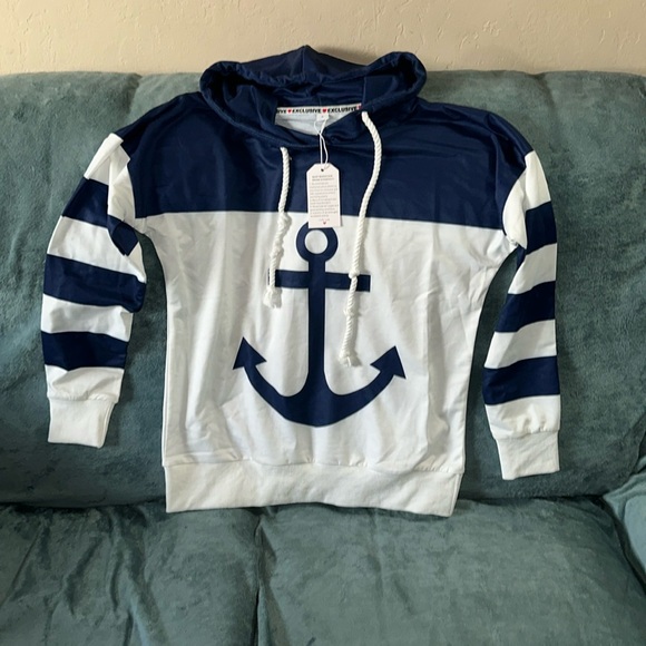 Exclusive small hooded long sleeved top with anchor print blue and white New - Picture 1 of 5